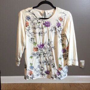 S J. Jill Cream Floral Linen Blend Boho Print Top